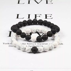 Unisex Black and White Stone Yoga Bracelets Set of 2